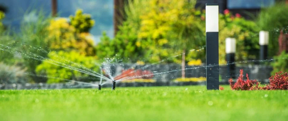 Irrigation system watering a lawn in Plano, TX.