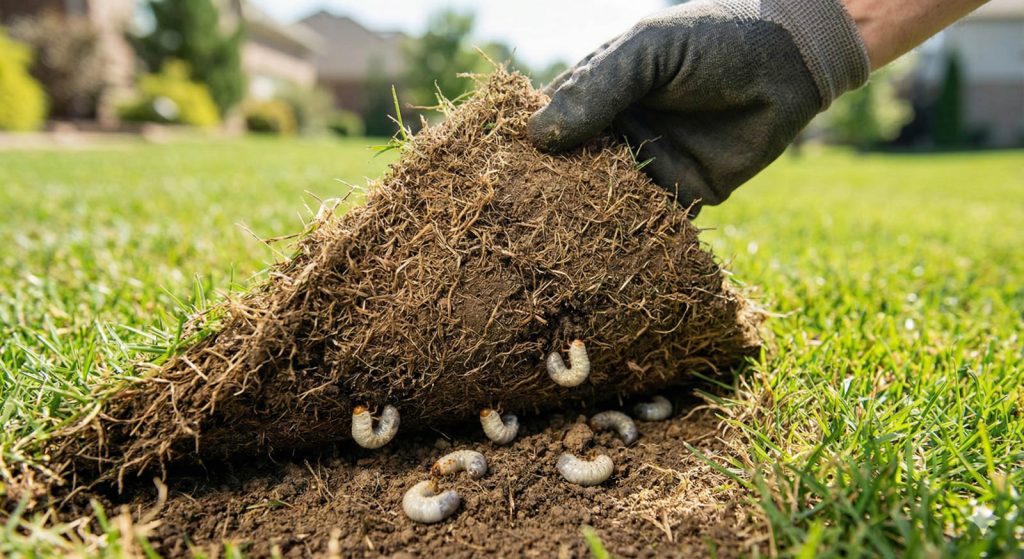 A CitiTurf professional performing the 'carpet test' on a North Texas lawn, revealing white grub worms beneath a patch of spongy brown grass.
