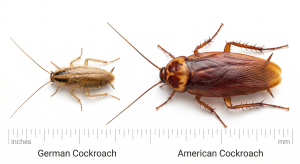 A side-by-side size and anatomical comparison of a German cockroach and an American cockroach against a ruler. The German cockroach on the left is small, light brown with two dark parallel stripes on its head. The American cockroach on the right is significantly larger, reddish-brown, with a yellowish figure-eight pattern on its pronotum.
