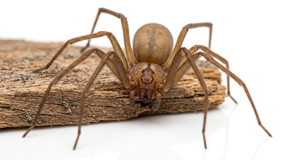 A macroscopic, highly detailed photograph capturing a lone brown recluse spider (Loxosceles reclusa) centered on a rough, weathered wood surface from an attic beam, set against a clean, reflective white void. The depth of field is exceptionally tight, with the primary identifier—the dark brown fiddle-shaped (violin) marking on the cephalothorax—and its six eyes (in three pairs) in razor-sharp, flawless focus. Its long, slender, uniformly colored legs with no banding are spread naturally. The lighting is cold, precise, and forensic, like a searchlight isolating the spider against the stark background. The intricate texture of the wood grain and the spider’s exoskeleton are sharp, contrasting with the clinical white floor reflection.
