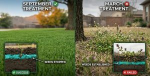 Split-screen infographic comparing a clean, healthy green lawn treated with fall pre-emergent in September versus a weedy, dormant spring lawn infested with Poa and Henbit due to skipped timing.
