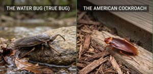 Side-by-side comparison of a giant water bug on a wet rock in a creek vs. an American cockroach on dry wood mulch near a home foundation.