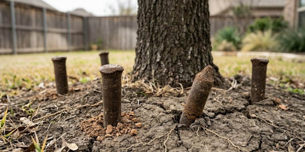 Close-up of several tree fertilizer spikes hammered into dry, cracked North Texas clay soil near the base of a mature tree trunk.