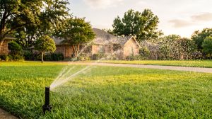 An active pop-up sprinkler sprays water over a green suburban lawn during the golden hour, with a brick house and mature trees in the background.