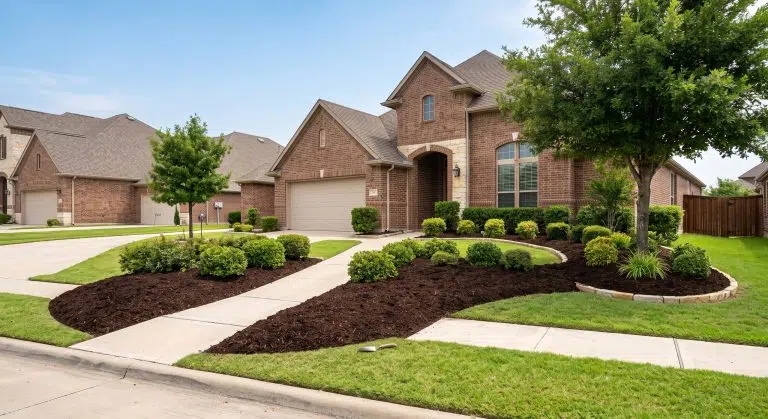 Freshly installed dark brown mulch in curved landscape beds of a suburban brick home.