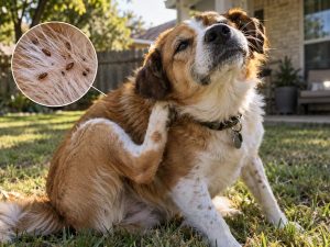 Dog scratching outdoors in a backyard setting with an inset photo showing visible fleas and flea dirt (digested blood) in pet fur, illustrating common signs of flea infestation.
