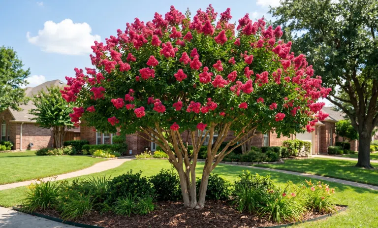 A healthy, multi-trunk crepe myrtle in full bloom showing the natural vase-like shape achieved through proper pruning instead of crape murder in a DFW landscape.